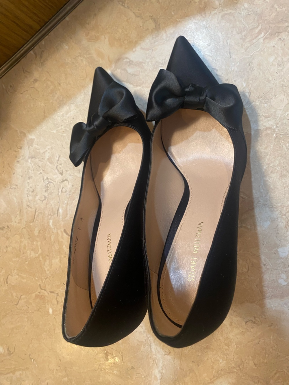 Stuart Weitzman Black Satin Pointed Toe Pumps with Bow Accent - Picture 5 of 7